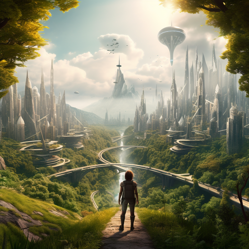 A person looking toward a bright, technology-shaped future